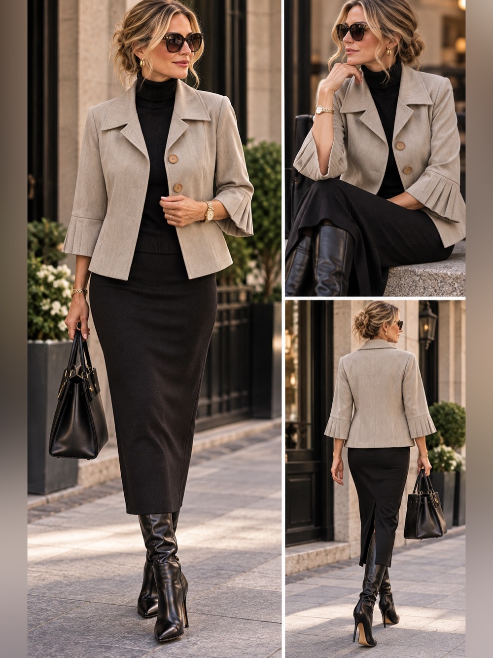 Tailored Taupe Cropped Blazer with Pleated 3/4 Sleeves